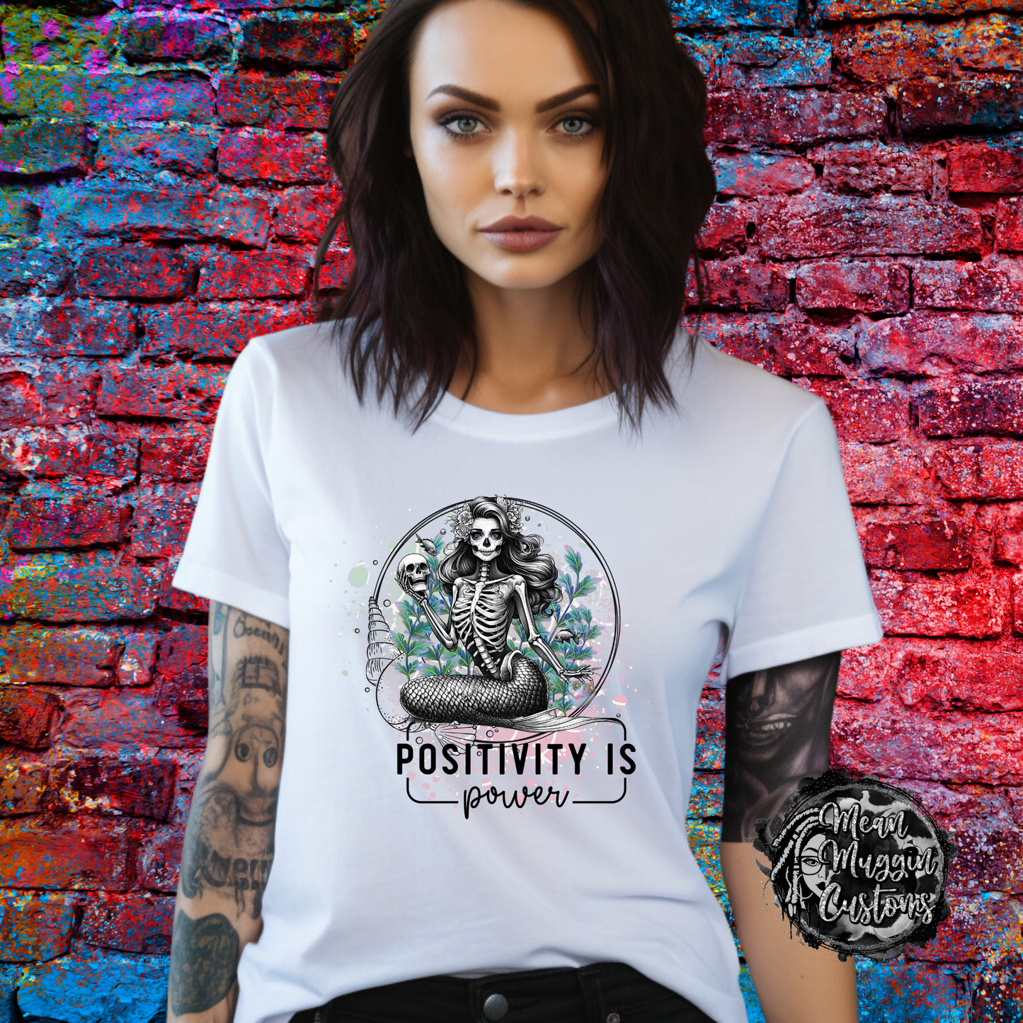 Custom Skull Mermaid Positivity is Power Graphic Tee Grunge Gothic Emo Kid Men Women Unisex T Shirt Anxiety Mental Healthy
