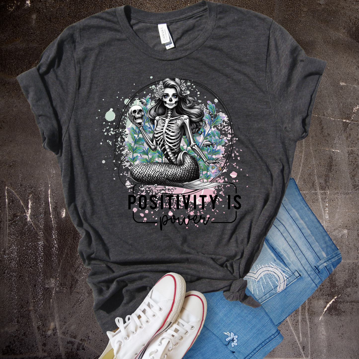 Custom Skull Mermaid Positivity is Power Graphic Tee Grunge Gothic Emo Kid Men Women Unisex T Shirt Anxiety Mental Healthy