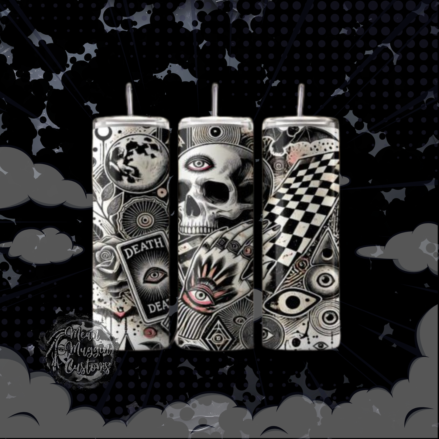 Black & White Vintage Checkered Tarot Card 20 oz Tumbler Cup Halloween Goth Grunge Punk Rock