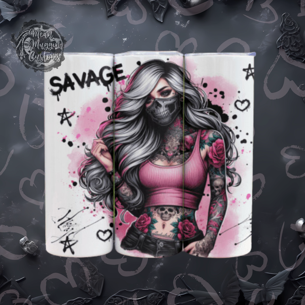 Pink Savage Undead Tattooed Baddie 20 oz Tumbler Cup Halloween Goth Grunge Punk Rock