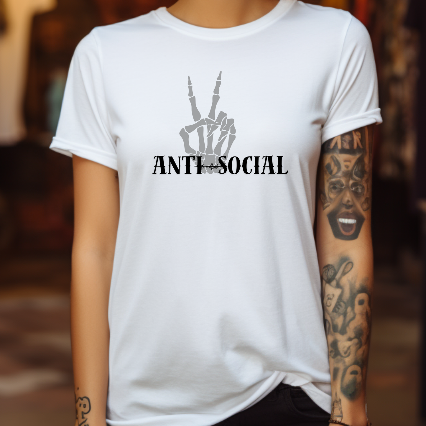 Custom Graphic Skelton Hand Peace Out Anti Social Antisocial Tee Grunge Gothic Emo Kid T Shirt