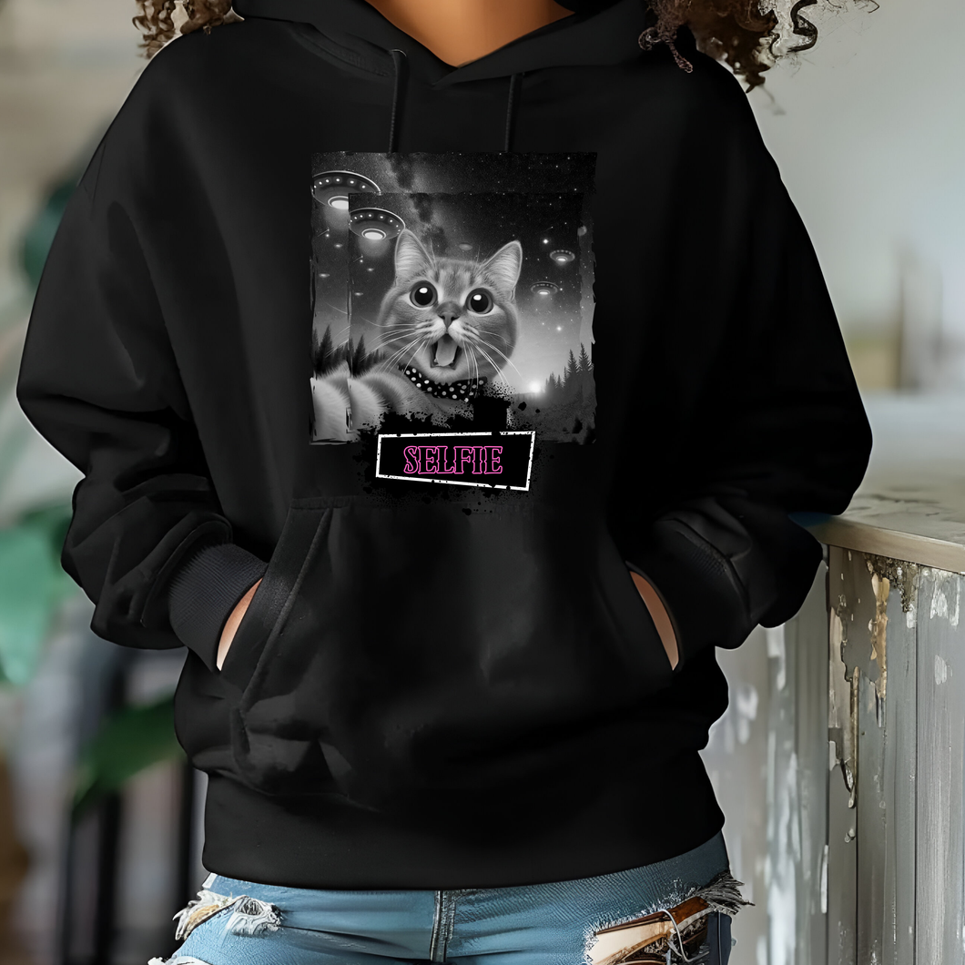 Custom Graphic Cat Selfie Tee Hoodie Grunge Gothic Emo Kid T Shirt Sweater Pull Over Sweatshirt