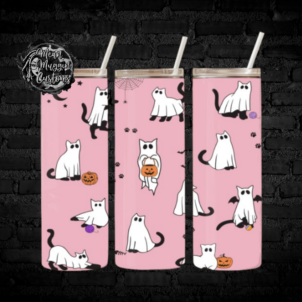 Retro Vintage Pink Ghost Kitty Tumbler Cup Halloween Goth Grunge Punk Rock