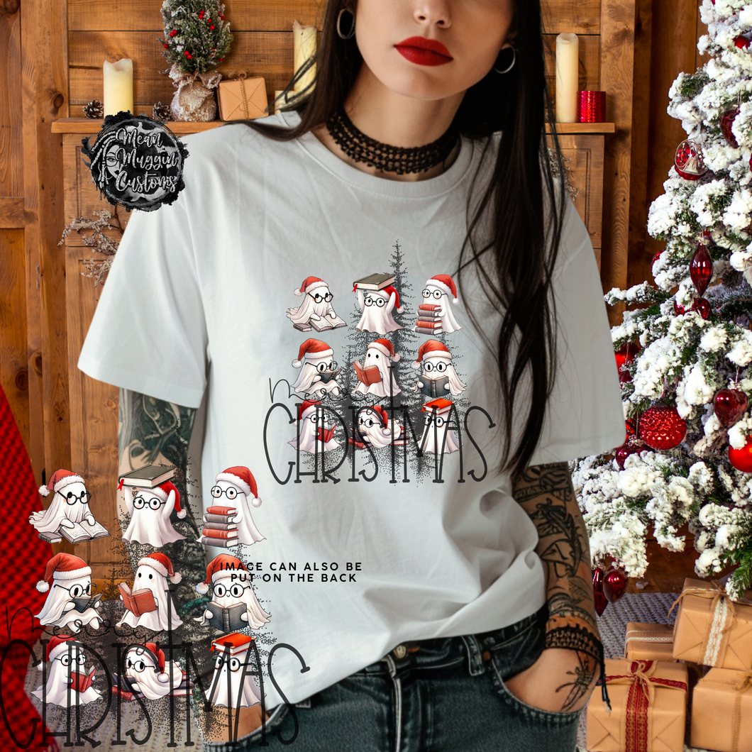 Custom Christmas Reading Ghost Merry Christmas Graphic Tee Grunge Gothic Emo Kid Men Women Unisex T Shirt