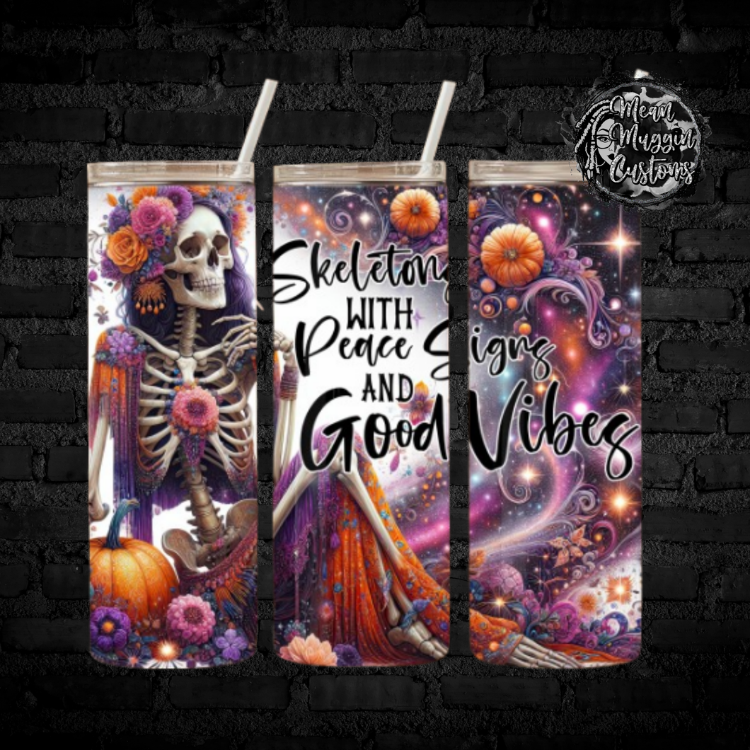 Skeleton Lady Peace Signs and Good Vibes Tumbler Cup Halloween Goth Grunge Punk Rock